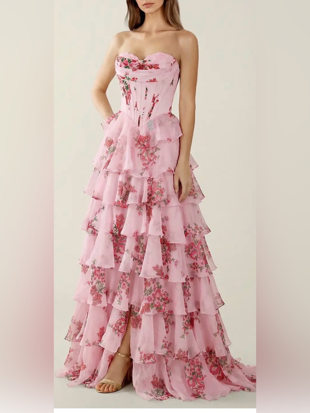 Pink Floral Tiered Ruffle Maxi Dress